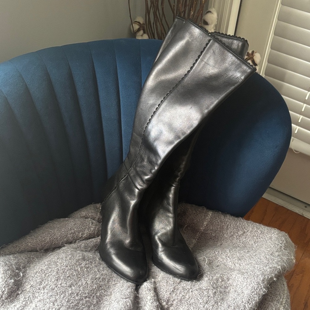 LK Bennett Black Leather Knee High Boots, With Adorable Scalloping on the Sides